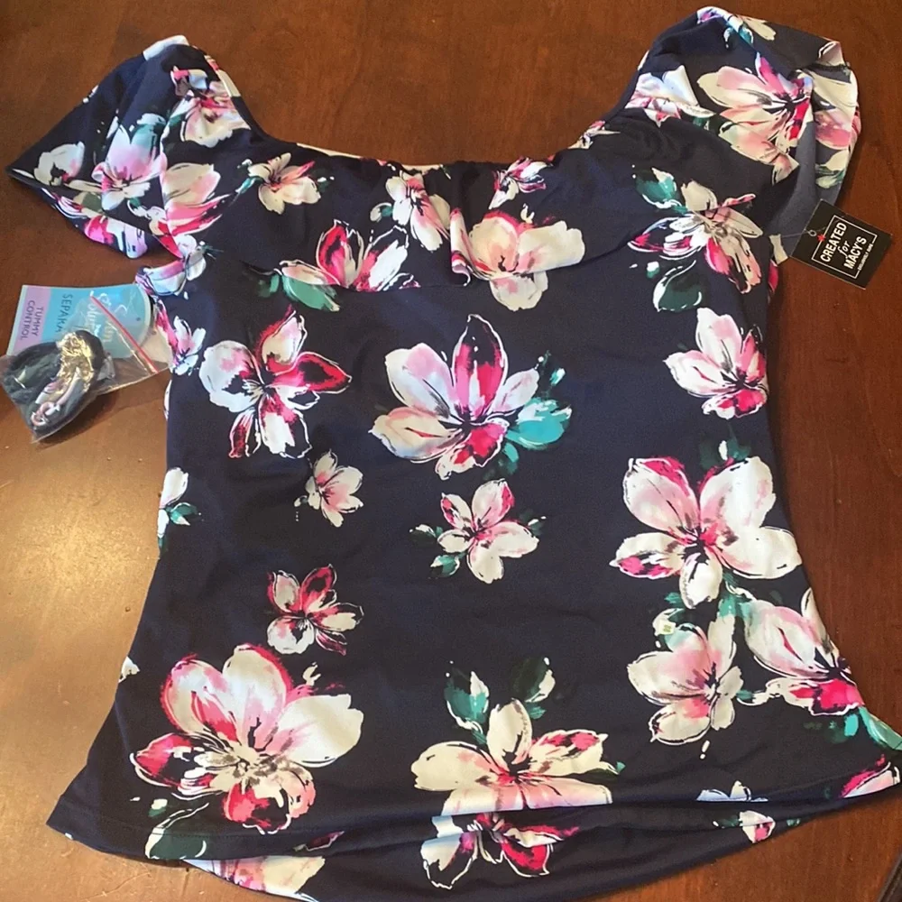 Swim Solutions Navy Floral Women Swim Top - Pink, White, Teal Accents - Picture 4 of 9